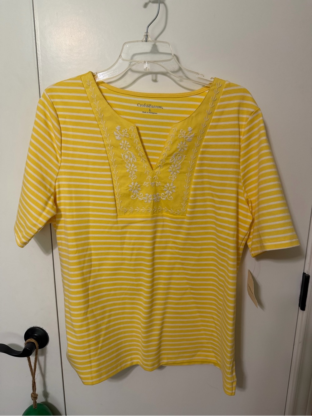 croft & barrow Yellow and White Striped Tee with Floral Detail